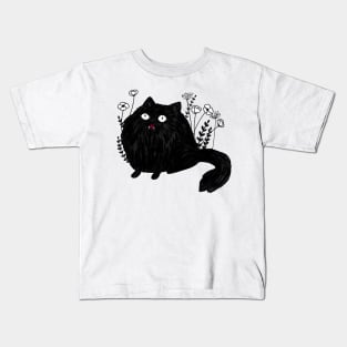 Funny fluffy black cat with flowers Kids T-Shirt